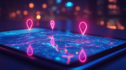 Neon Digital Map Display Local Online Activity Spikes on a Tablet at Night