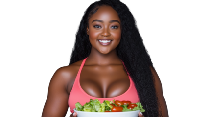 Healthy woman holding fresh salad bowl with transparent background