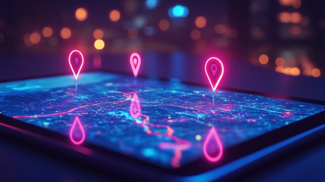 Neon Digital Map Display Local Online Activity Spikes on a Tablet at Night