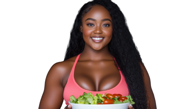 Healthy woman holding fresh salad bowl with transparent background