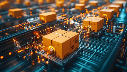 Automated system transporting packages on conveyor belts with glowing elements.