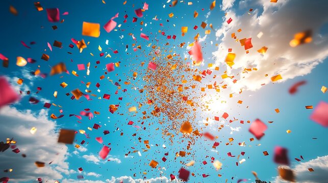 Celebration Confetti Burst: A vibrant explosion of colorful confetti against a clear blue sky, capturing the joyous energy and celebratory spirit of a momentous occasion.  