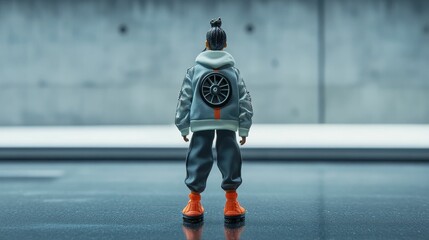 Fototapeta premium Gray-clad figurine; back view; wheel detail.