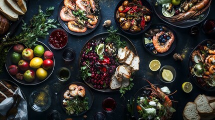 Fototapeta premium Colorful Composition of Seafood Dishes on Dark Background with Copy Space, AI generated illustration.