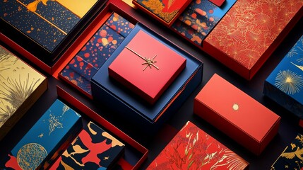 Ornate boxes, red, gold, blue; stacked, patterned.