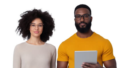 Professional diverse couple with tablet on transparent background