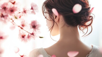 Naklejka premium Pink Cosmos flower on long hair of beauty woman in studio,spring or summer concept,creative bright image for advertising products for hair,copy space,Bridal hairstyle with real flowers.