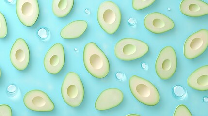 Flat Lay Pattern of Avocado Slices on Blue Background, AI generated illustration.