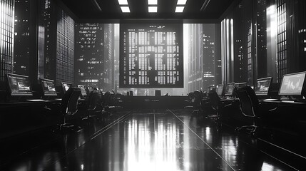 Trading Floor Tension: Monochromatic view of a bustling, high-tech trading floor, reflecting the intensity and pressure of the financial world.  The image evokes a sense of urgency and focus.