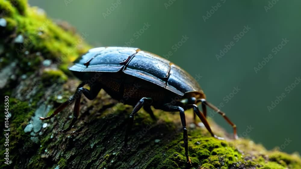 Poster Close-up view of a beetle crawling on a mossy log in a forest setting during daylight