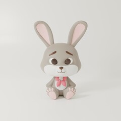 3D icon of cute rabbit with pink bow and diamond. 3D rendering on white background. Concept of joy, holiday, emotions.
