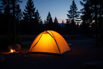 Serene Camping Scene with a Glowing Tent Under a Beautiful Twilight Sky Surrounded by Tall Pine Trees and a Calm Firewood Setup in the Wilderness