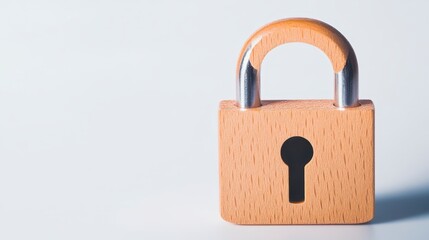 A simple wooden padlock stands alone against a light background, symbolizing security and protection.