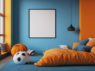 Modern Teen Room in Blue and Orange with Blank Poster
