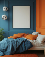 Modern Teen Room in Blue and Orange with Blank Poster