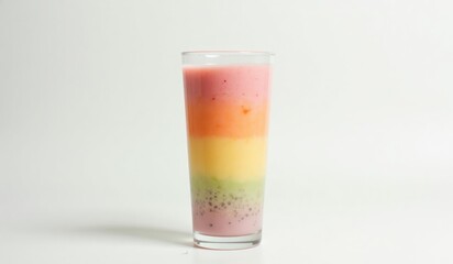 A tall glass of layered rainbow smoothie, with each layer representing a vibrant fruit color, placed against a clean white background for a minimalistic, elegant aesthetic