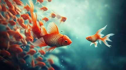 Fototapeta premium Two goldfish facing each other, one leading a school.