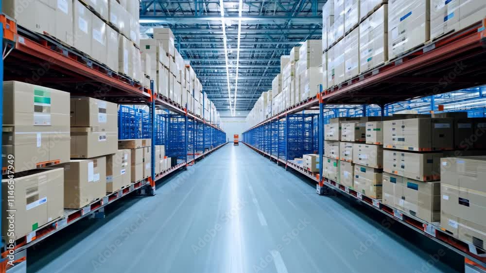 Poster exploring a vast warehouse filled with neatly stacked boxes and organized shelving at an industrial 