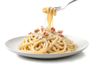 Pasta Carbonara, classic Italian pasta with creamy sauce, pancetta and parmesan, swirling in the air, bright studio lighting