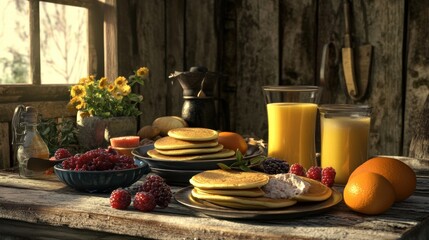 rustic breakfast still life with pancakes and orange juice