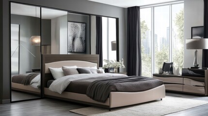 Fototapeta premium modern beige and dark wood bedroom suite with mirrored walls