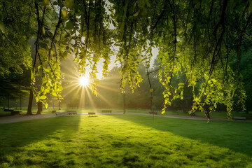 Sun shining through the trees in the park 
