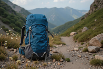 Scenic Hiking Trail with Blue Backpack Surrounded by Nature and Mountain Peaks on a Cloudy Day