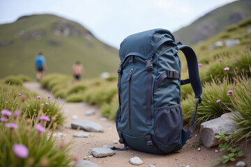 Tranquil Hiking Trail with a Backpack Resting on Vibrant Green Grass Surrounded by Scenic Hills in the Background