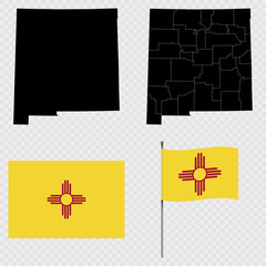 Set of map and map with province, flag and flagpole of New Mexico state. Vector illustration.