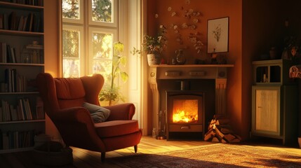 Fototapeta premium cozy autumn room with fireplace and bookshelves