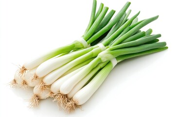 Obraz premium A bunch of fresh spring onions with vibrant green tops, isolated on white