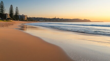 Serene beach at sunrise with gentle waves and distant buildings.