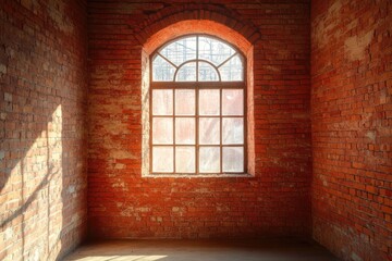 Fototapeta premium Stylish Red Brick Interior with Daylight-Infused Window and Creative Copy Space