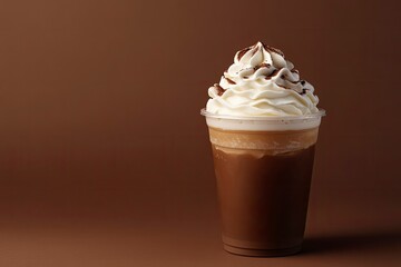 Coffee and chocolate drink with whipped cream on a brown background. Copy space. 