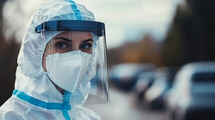 Healthcare Worker in Hazmat Suit and Face Shield Wearing Mask
