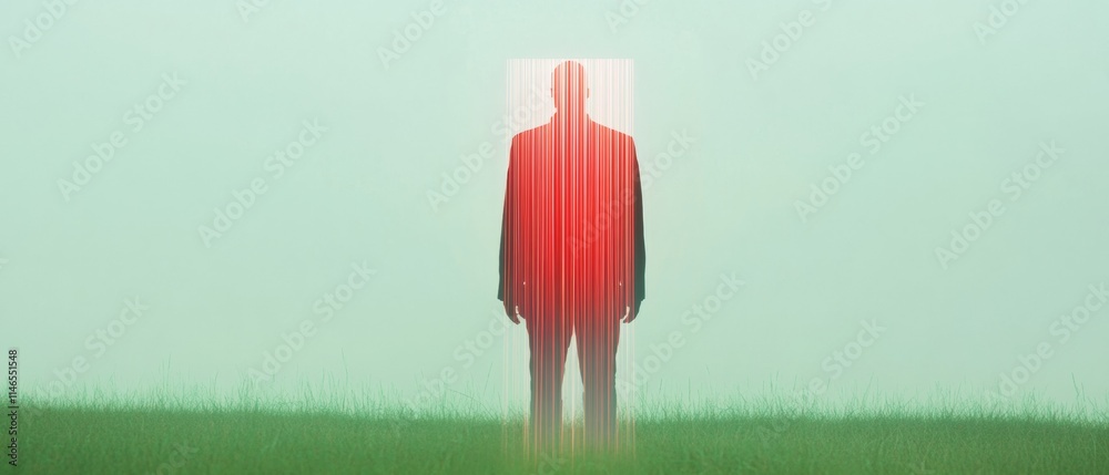 Poster silhouetted figure in virtual matrix over green field digital security and futuristic cityscape