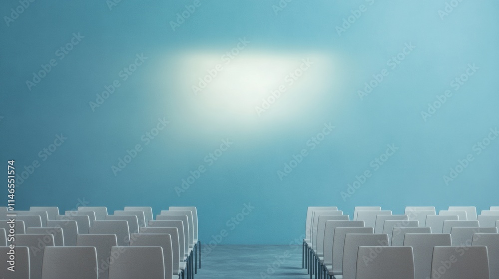 Poster Minimalist Auditorium with Empty Chairs and Soft Projector Light in Surreal Setting