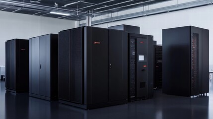 modern data center server room with black racks