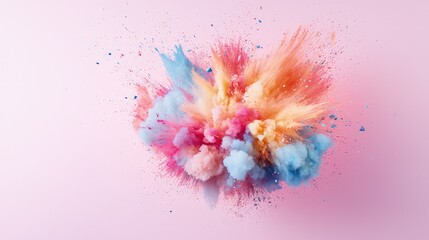 Naklejka premium Vibrant explosion of pastel colored powder in pink, blue, and orange shades against a soft pink background.