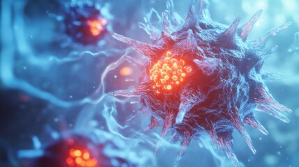 Obraz premium A magnified 3D virus particle rendering with glowing spike proteins and a textured lipid layer, isolated on white