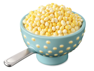 Creamed corn in a vintage ceramic bowl, velvety smooth consistency, kernels popping off the spoon, bright yellow