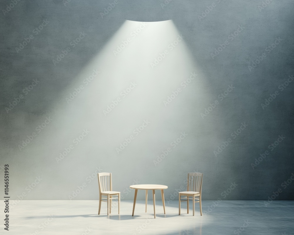 Poster minimalist surreal setting empty chairs under spotlight in abstract cinema space