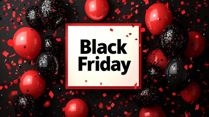 Black Friday background design with balloons and confetti.