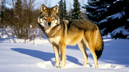 Wild wolf standing in the snow with a focused expression in a winter forest