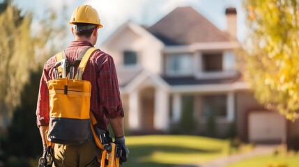 Rear view of a repairman carrying tools, heading toward a home for maintenance service.