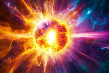 Obraz premium Fiery celestial body explodes, radiating cosmic energy.