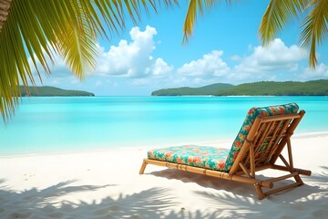 Obraz premium Tropical lounge chair under palm tree, beautiful beach view, turquoise ocean and blue sky