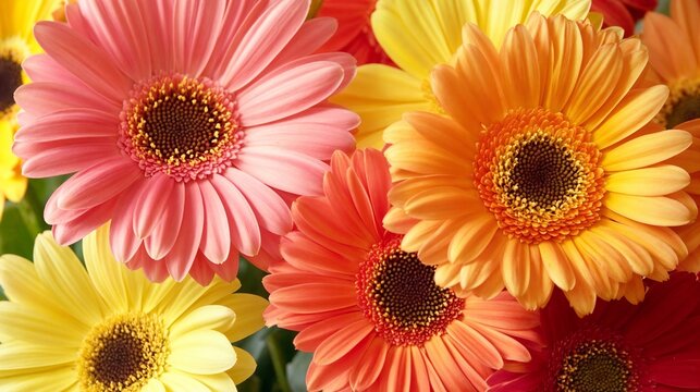 Bright and colorful gerbera daisies in pink, orange, and yellow hues creating a vibrant floral arrangement