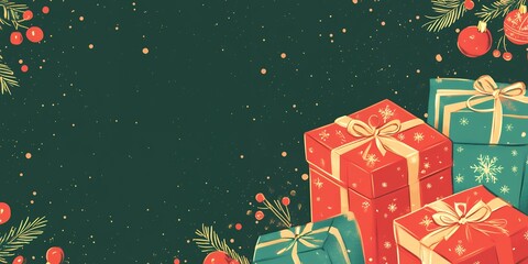 Christmas background with gifts, greeting card design.