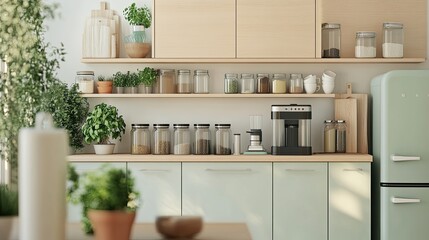 Modern Kitchen Interior: Stylish Minimalism: A minimalist kitchen design with open shelves and a retro-inspired fridge, showcasing a clean and organized aesthetic.